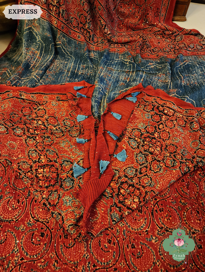 Zynah Madder Red & Indigo Hand-Block Printed Georgette Silk Ajrakh Saree with Sequins Highlight; Custom Stitched/Ready-made Blouse, Fall, Petticoat; SKU: 1004202504