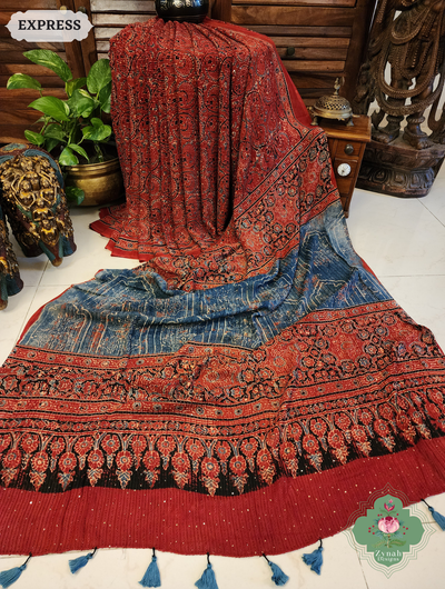 Zynah Madder Red & Indigo Hand-Block Printed Georgette Silk Ajrakh Saree with Sequins Highlight; Custom Stitched/Ready-made Blouse, Fall, Petticoat; SKU: 1004202504