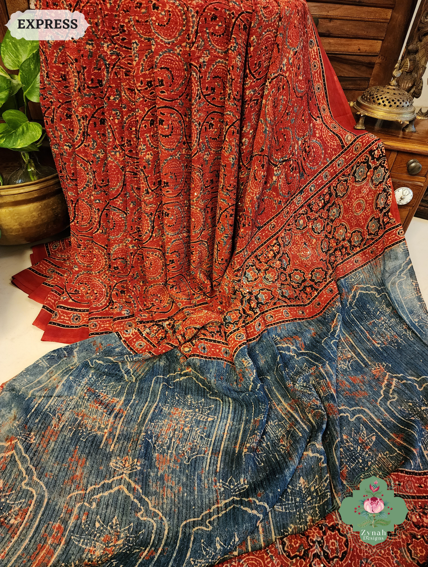Zynah Madder Red & Indigo Hand-Block Printed Georgette Silk Ajrakh Saree with Sequins Highlight; Custom Stitched/Ready-made Blouse, Fall, Petticoat; SKU: 1004202504