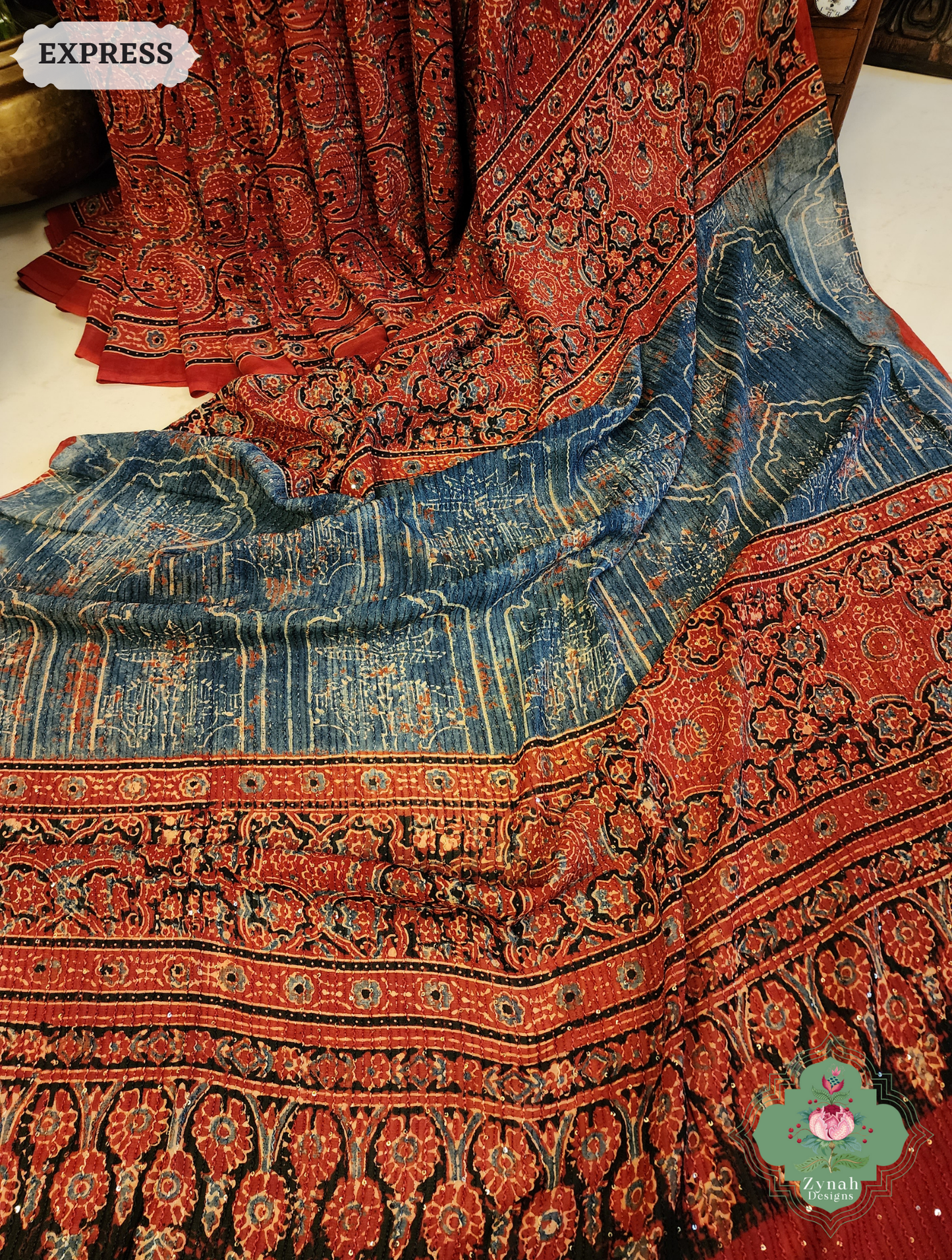 Zynah Madder Red & Indigo Hand-Block Printed Georgette Silk Ajrakh Saree with Sequins Highlight; Custom Stitched/Ready-made Blouse, Fall, Petticoat; SKU: 1004202504