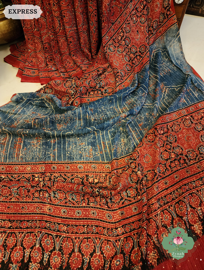 Zynah Madder Red & Indigo Hand-Block Printed Georgette Silk Ajrakh Saree with Sequins Highlight; Custom Stitched/Ready-made Blouse, Fall, Petticoat; SKU: 1004202504