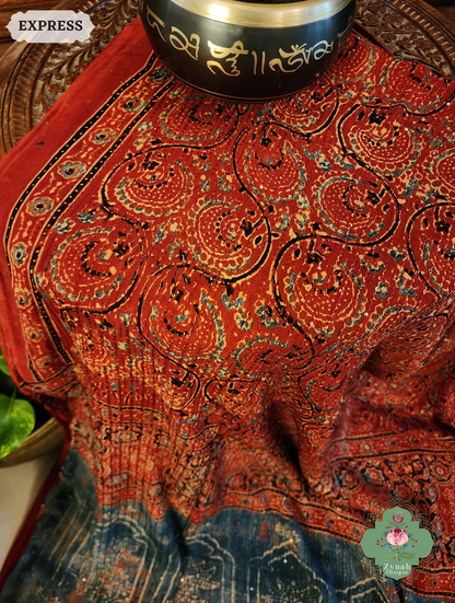 Zynah Madder Red & Indigo Hand-Block Printed Georgette Silk Ajrakh Saree with Sequins Highlight; Custom Stitched/Ready-made Blouse, Fall, Petticoat; SKU: 1004202504