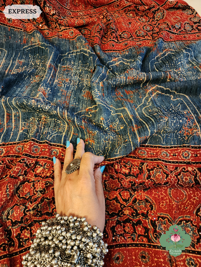 Zynah Madder Red & Indigo Hand-Block Printed Georgette Silk Ajrakh Saree with Sequins Highlight; Custom Stitched/Ready-made Blouse, Fall, Petticoat; SKU: 1004202504