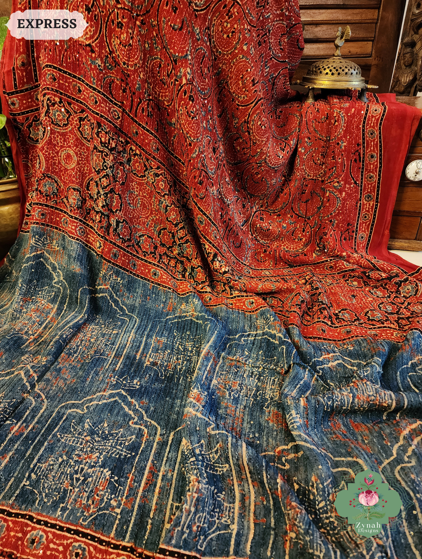 Zynah Madder Red & Indigo Hand-Block Printed Georgette Silk Ajrakh Saree with Sequins Highlight; Custom Stitched/Ready-made Blouse, Fall, Petticoat; SKU: 1004202504