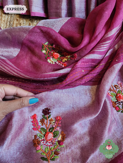Zynah Magenta Organic Linen Saree With French Knot & Kantha Hand Embroidery; Custom Stitched/Ready-made Blouse, Fall, Petticoat; SKU: 0905202501
