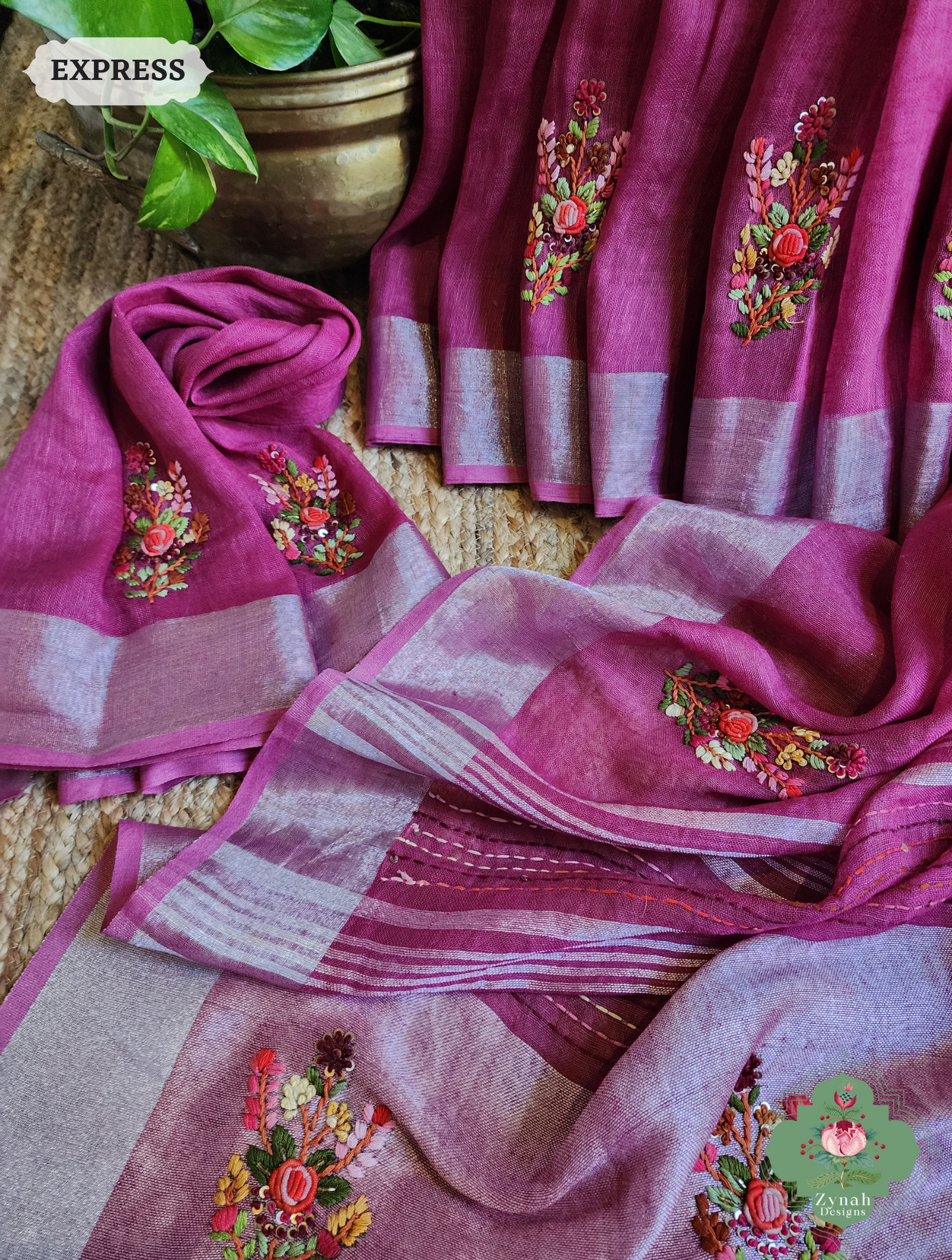 Zynah Magenta Organic Linen Saree With French Knot & Kantha Hand Embroidery; Custom Stitched/Ready-made Blouse, Fall, Petticoat; SKU: 0905202501