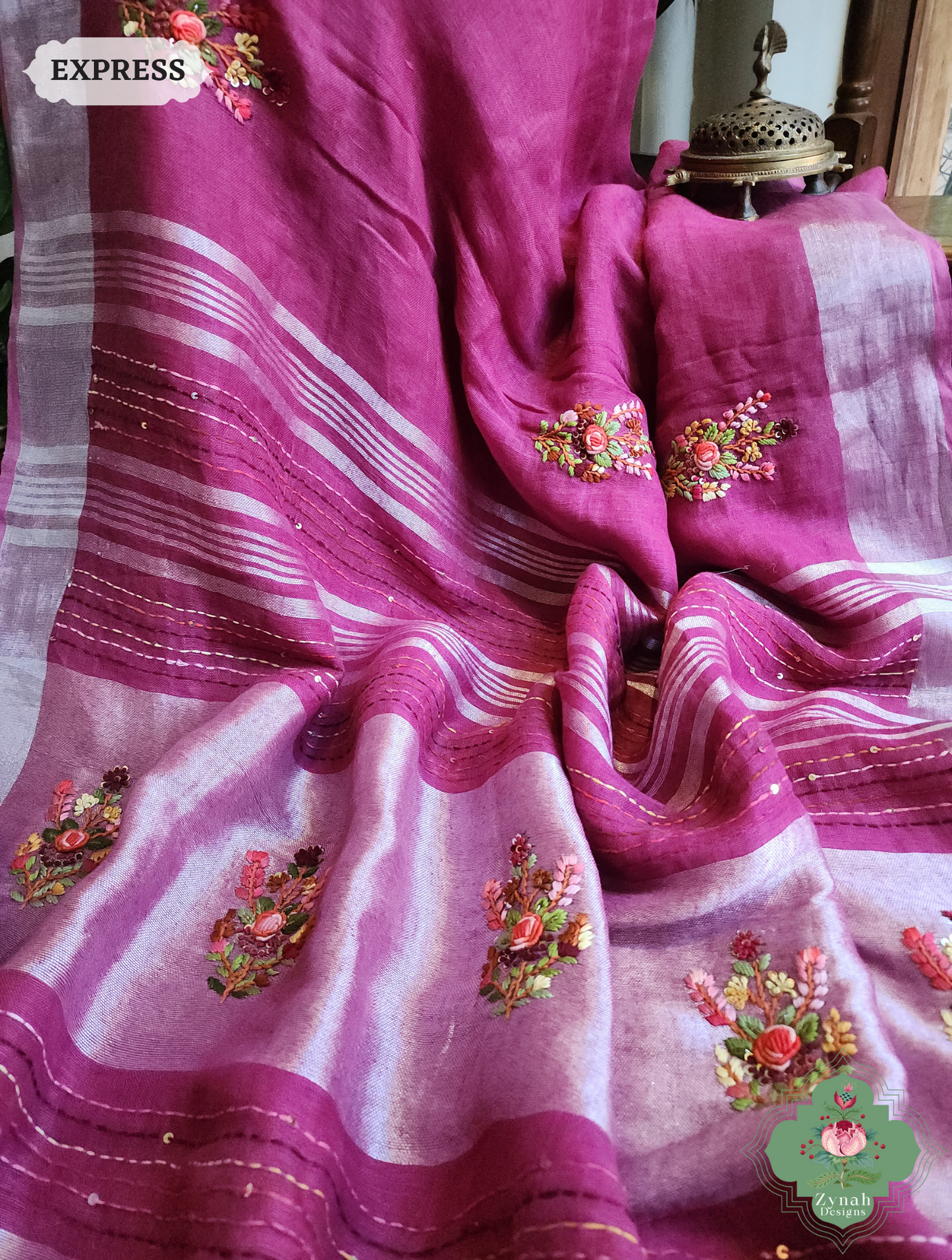 Zynah Magenta Organic Linen Saree With French Knot & Kantha Hand Embroidery; Custom Stitched/Ready-made Blouse, Fall, Petticoat; SKU: 0905202501