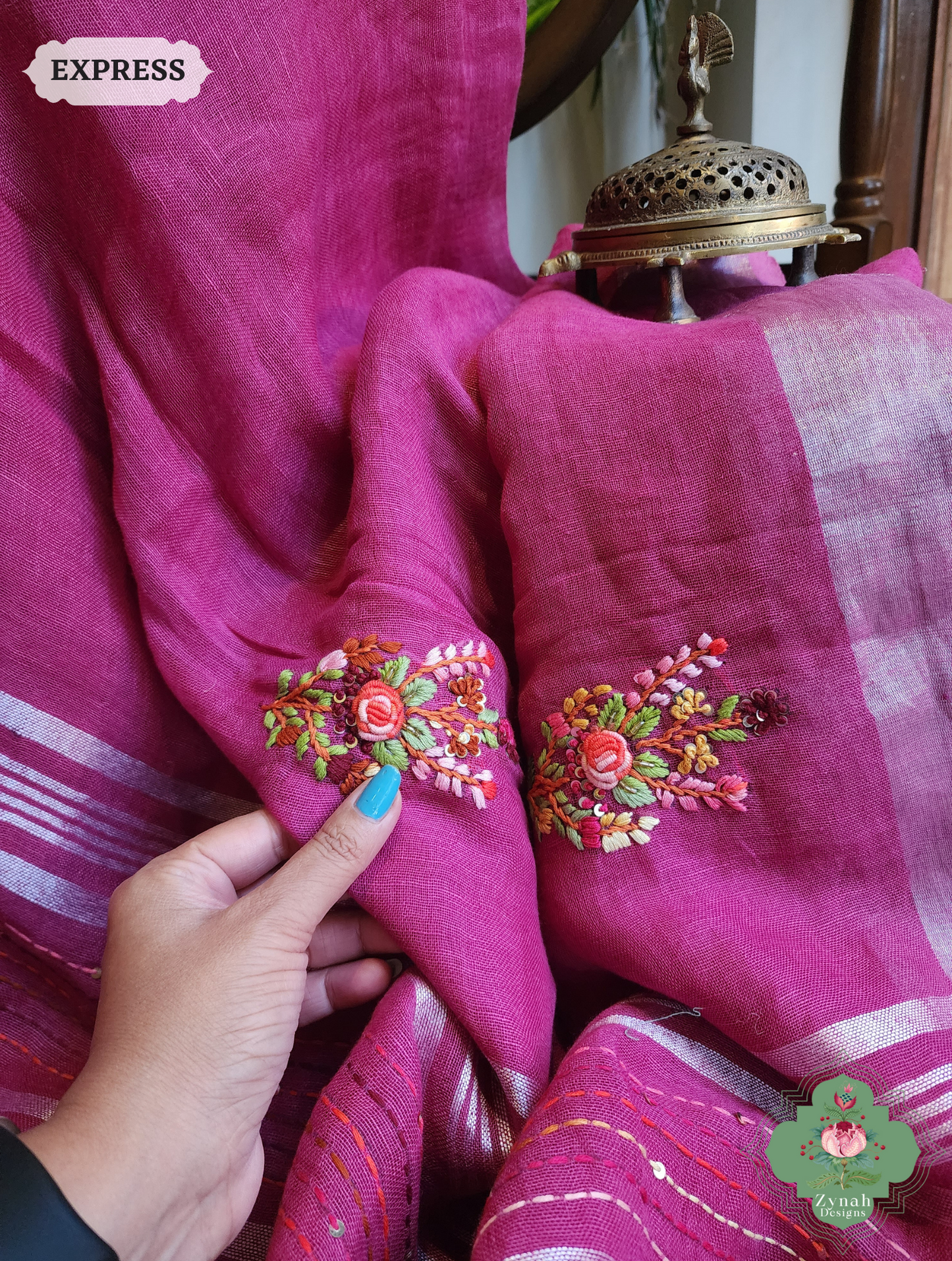 Zynah Magenta Organic Linen Saree With French Knot & Kantha Hand Embroidery; Custom Stitched/Ready-made Blouse, Fall, Petticoat; SKU: 0905202501
