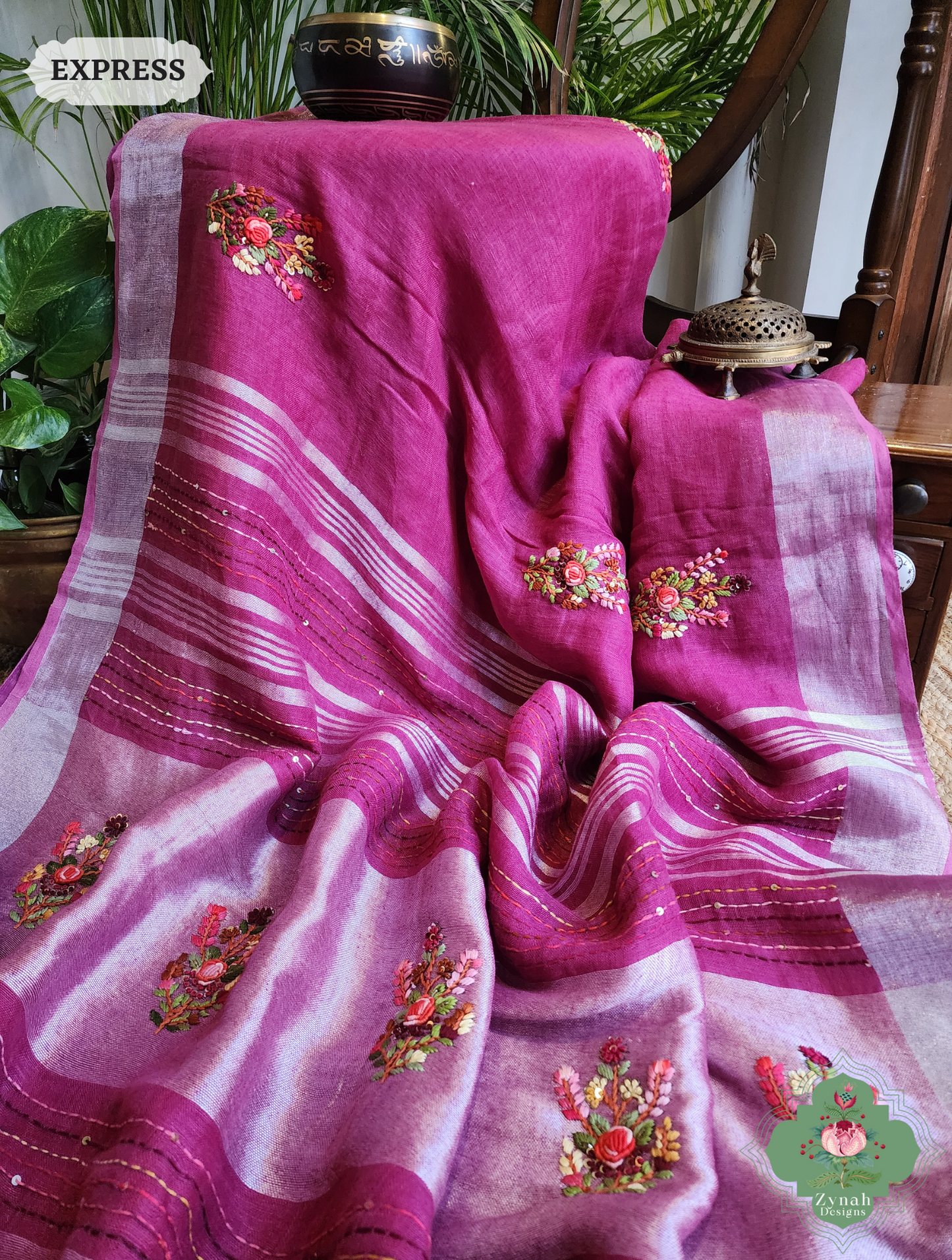 Zynah Magenta Organic Linen Saree With French Knot & Kantha Hand Embroidery; Custom Stitched/Ready-made Blouse, Fall, Petticoat; SKU: 0905202501