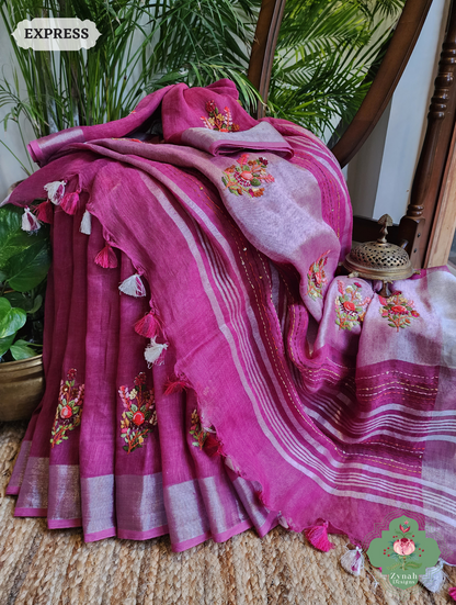 Zynah Magenta Organic Linen Saree With French Knot & Kantha Hand Embroidery; Custom Stitched/Ready-made Blouse, Fall, Petticoat; SKU: 0905202501