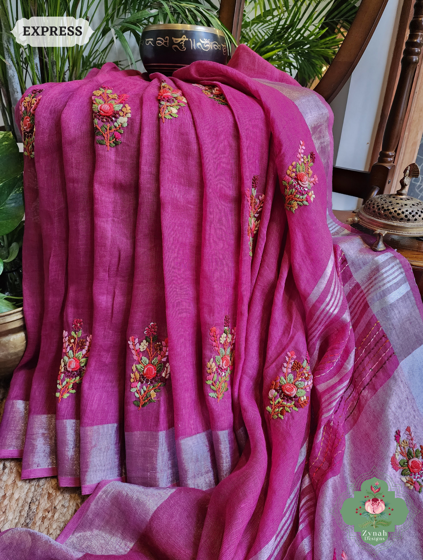 Zynah Magenta Organic Linen Saree With French Knot & Kantha Hand Embroidery; Custom Stitched/Ready-made Blouse, Fall, Petticoat; SKU: 0905202501