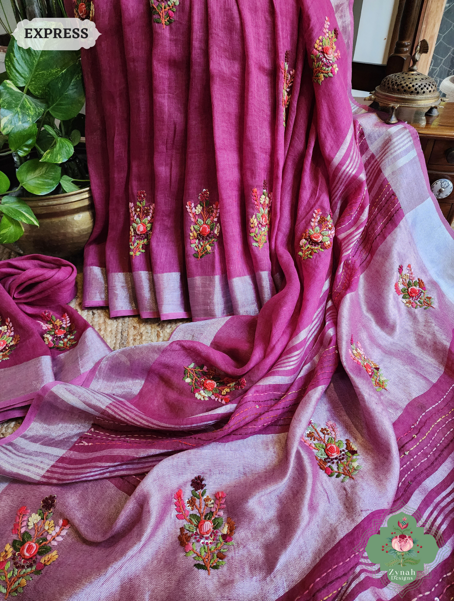 Zynah Magenta Organic Linen Saree With French Knot & Kantha Hand Embroidery; Custom Stitched/Ready-made Blouse, Fall, Petticoat; SKU: 0905202501