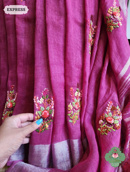 Zynah Magenta Organic Linen Saree With French Knot & Kantha Hand Embroidery; Custom Stitched/Ready-made Blouse, Fall, Petticoat; SKU: 0905202501