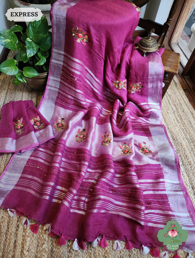 Zynah Magenta Organic Linen Saree With French Knot & Kantha Hand Embroidery; Custom Stitched/Ready-made Blouse, Fall, Petticoat; SKU: 0905202501