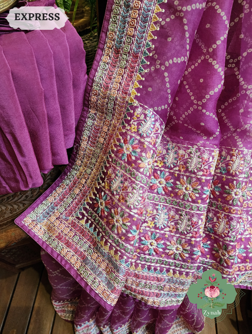 Zynah Magenta Organza Silk Saree With Bandhani Prints & Multi-coloured Embroidery On Pallu And Border; Custom Stitched/Ready-made Blouse, Fall, Petticoat; SKU: 1905202302