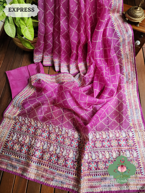 Zynah Magenta Organza Silk Saree With Bandhani Prints & Multi-coloured Embroidery On Pallu And Border; Custom Stitched/Ready-made Blouse, Fall, Petticoat; SKU: 1905202302