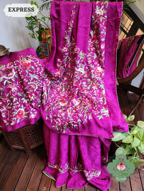 Zynah Magenta Pure Crepe Satin Silk Self-Design Parsi Gara Saree With Designer Gara Embroidery on Pallu & Floral Vine Border; Custom Stitched/Ready-made Blouse, Fall, Petticoat; SKU: 2505202302