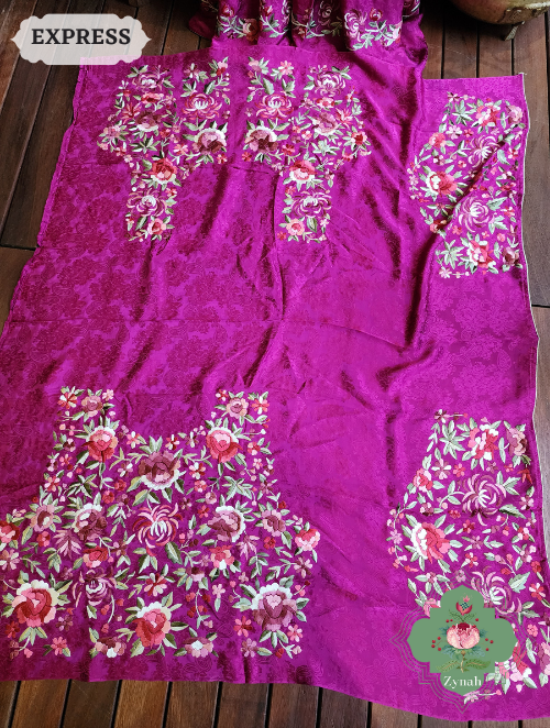 Zynah Magenta Pure Crepe Satin Silk Self-Design Parsi Gara Saree With Designer Gara Embroidery on Pallu & Floral Vine Border; Custom Stitched/Ready-made Blouse, Fall, Petticoat; SKU: 2505202302