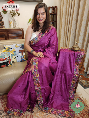 Magenta Pure Tussar Silk Hand Embroidered Parsi Gara Saree 01