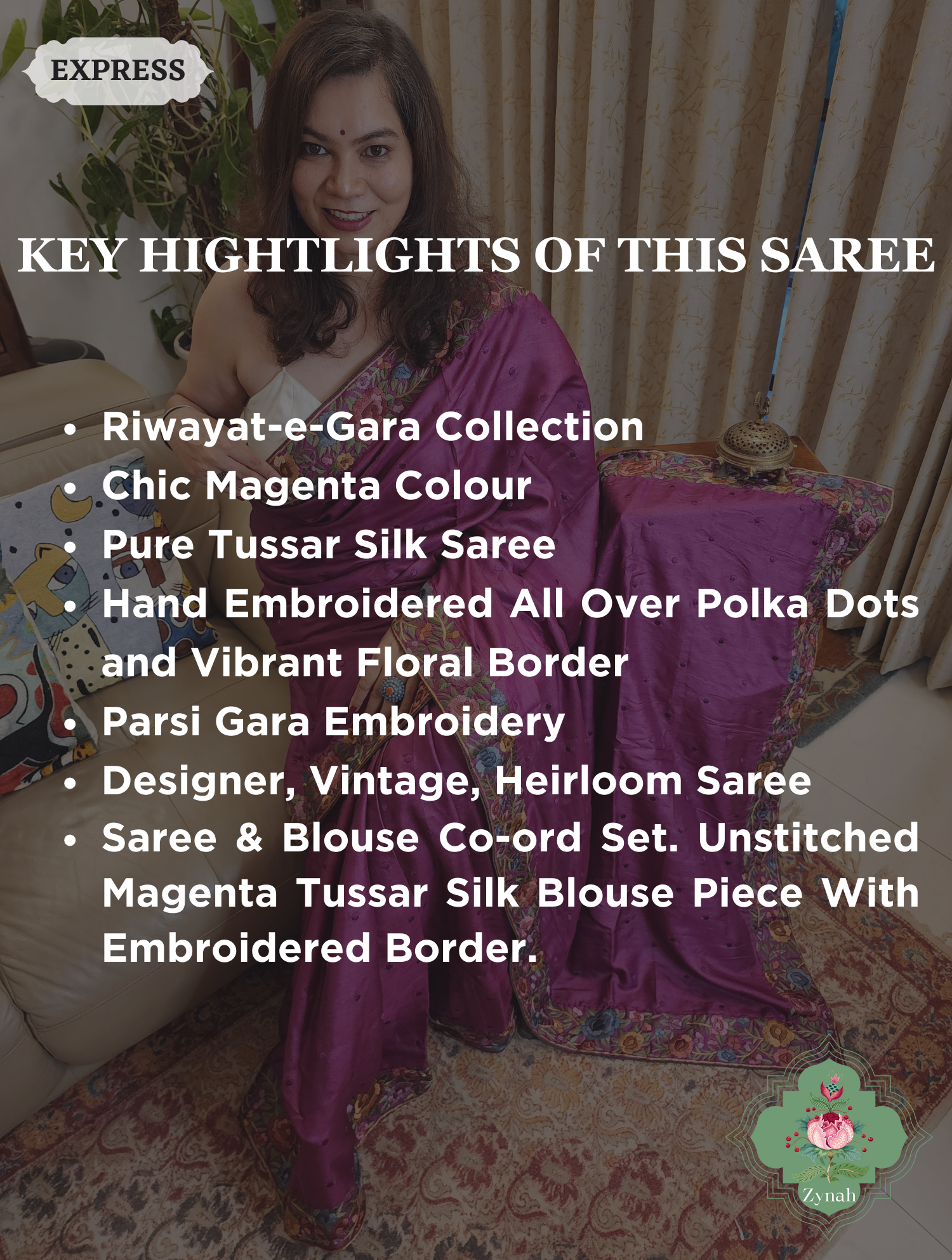 Magenta Pure Tussar Silk Hand Embroidered Parsi Gara Saree 02