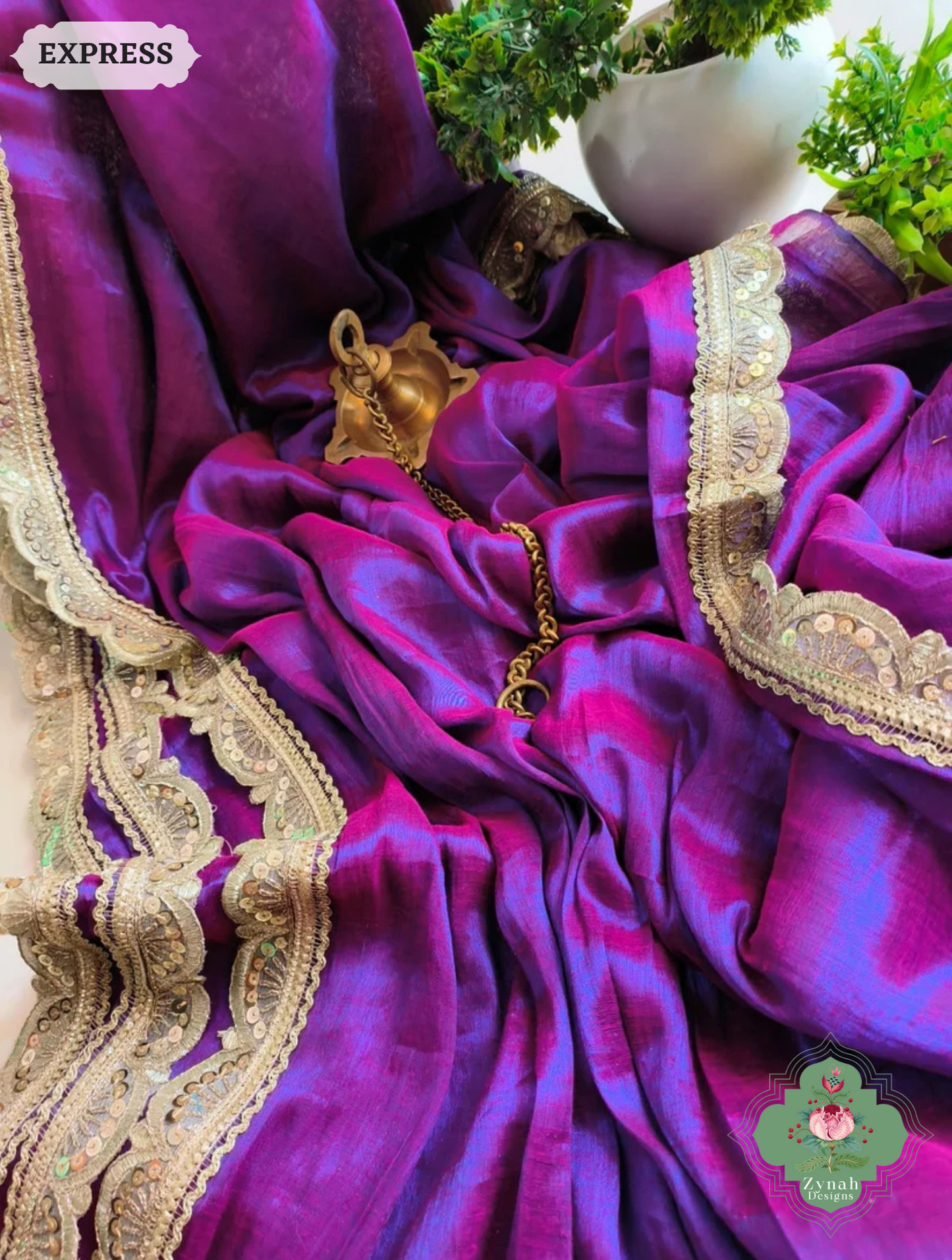Zynah Metallic Magenta Purple Linen Tissue Saree With Scalloped Lace & Mustard Tassels; Custom Stitched/Ready-made Blouse, Fall, Petticoat; SKU: 2703202511