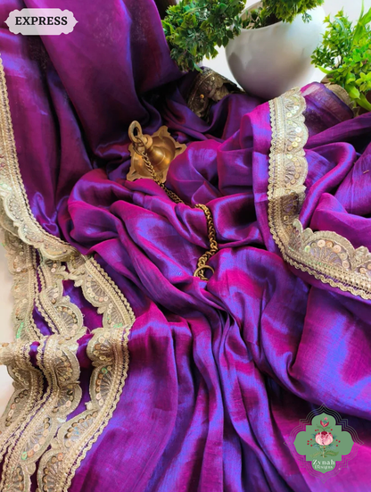 Zynah Metallic Magenta Purple Linen Tissue Saree With Scalloped Lace & Mustard Tassels; Custom Stitched/Ready-made Blouse, Fall, Petticoat; SKU: 2703202511