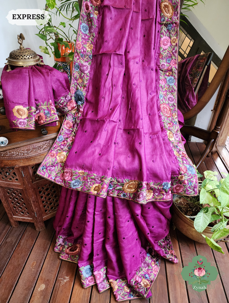 Zynah Magenta Tussar Hand Embroidered Parsi Gara Saree With Polka Butis; Custom Stitched/Ready-made Blouse, Fall, Petticoat; SKU: 1806202302