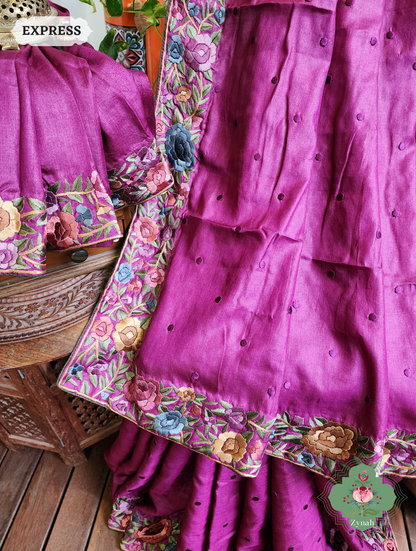 Zynah Magenta Tussar Hand Embroidered Parsi Gara Saree With Polka Butis; Custom Stitched/Ready-made Blouse, Fall, Petticoat; SKU: 1806202302