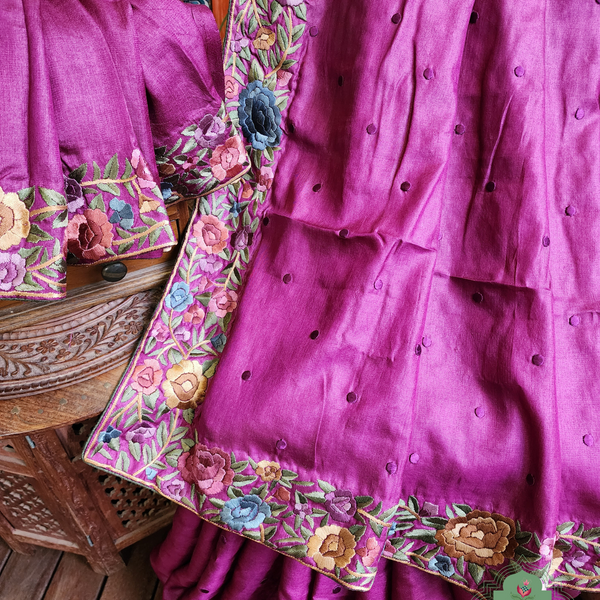 Zynah Magenta Tussar Hand Embroidered Parsi Gara Saree With Polka Butis; Custom Stitched/Ready-made Blouse, Fall, Petticoat; SKU: 1806202302