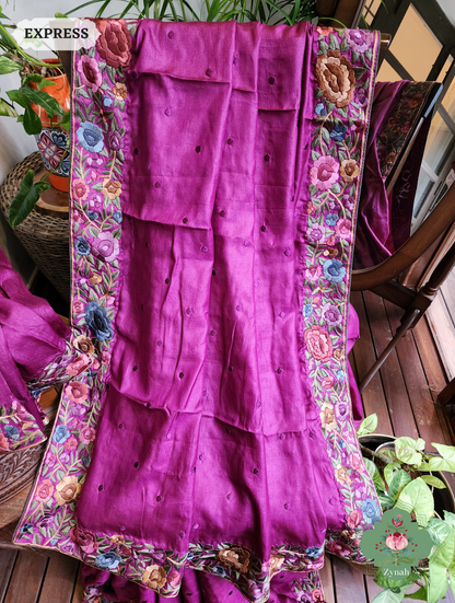 Zynah Magenta Tussar Hand Embroidered Parsi Gara Saree With Polka Butis; Custom Stitched/Ready-made Blouse, Fall, Petticoat; SKU: 1806202302