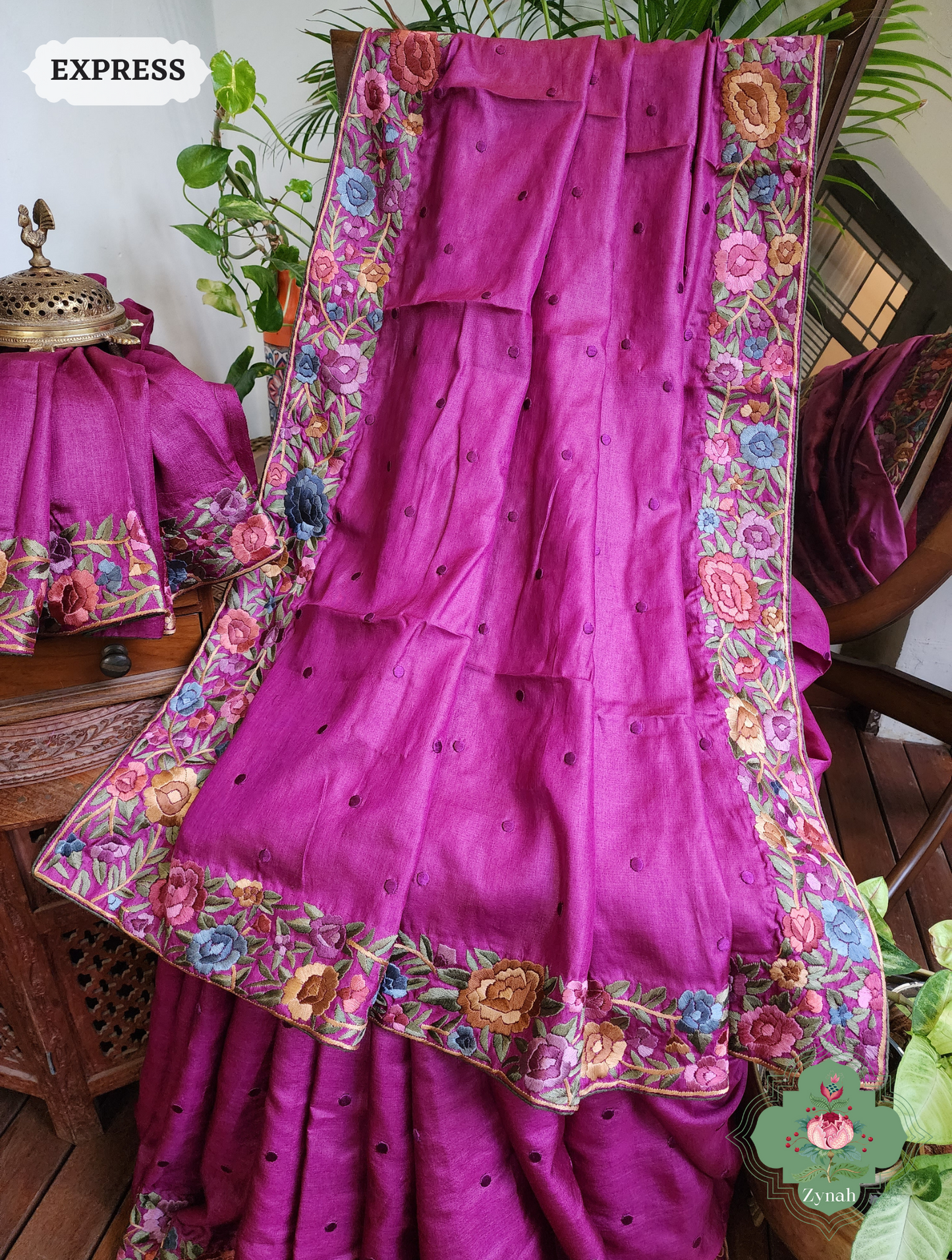 Zynah Magenta Tussar Hand Embroidered Parsi Gara Saree With Polka Butis; Custom Stitched/Ready-made Blouse, Fall, Petticoat; SKU: 1806202302