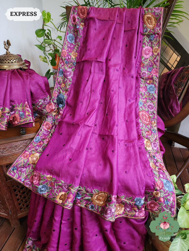 Zynah Magenta Tussar Hand Embroidered Parsi Gara Saree With Polka Butis; Custom Stitched/Ready-made Blouse, Fall, Petticoat; SKU: 1806202302