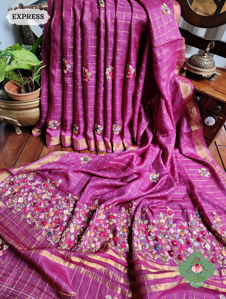 Magenta/Gold Self Checkered Tussar Silk Saree with Frenchknot Hand Embroidery & Sequins Work - Festive Elegance