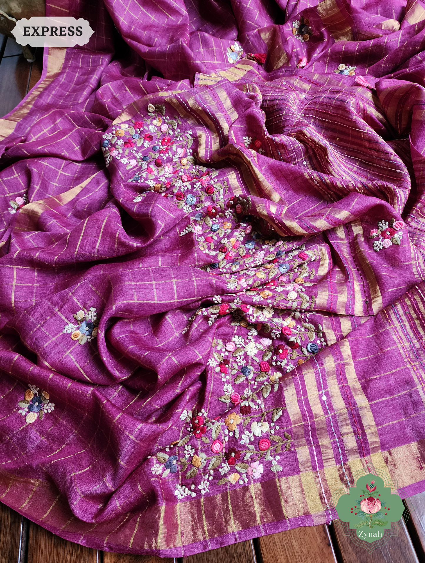 Zynah Magenta / Gold Self Checkered Pure Tussar Silk Saree With Frenchknot Hand Embroidery; Custom Stitched/Ready-made Blouse, Fall, Petticoat; SKU: 2908202304