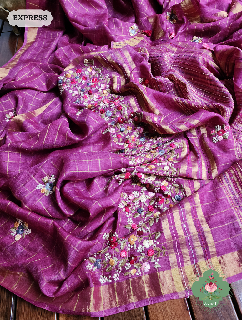 Zynah Magenta / Gold Self Checkered Pure Tussar Silk Saree With Frenchknot Hand Embroidery; Custom Stitched/Ready-made Blouse, Fall, Petticoat; SKU: 2908202304