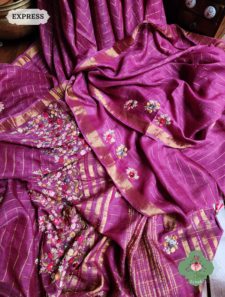 Zynah Magenta / Gold Self Checkered Pure Tussar Silk Saree With Frenchknot Hand Embroidery; Custom Stitched/Ready-made Blouse, Fall, Petticoat; SKU: 2908202304