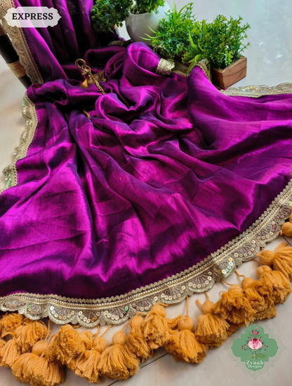 Zynah Metallic Magenta Linen Tissue Saree With Scalloped Lace & Mustard Tassels; Custom Stitched/Ready-made Blouse, Fall, Petticoat; SKU: 2703202512