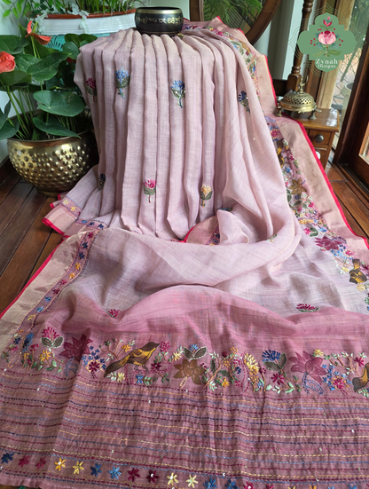 Maheer | Hand Painted Dusty Pink Linen Tissue Saree With Hand Embroidery