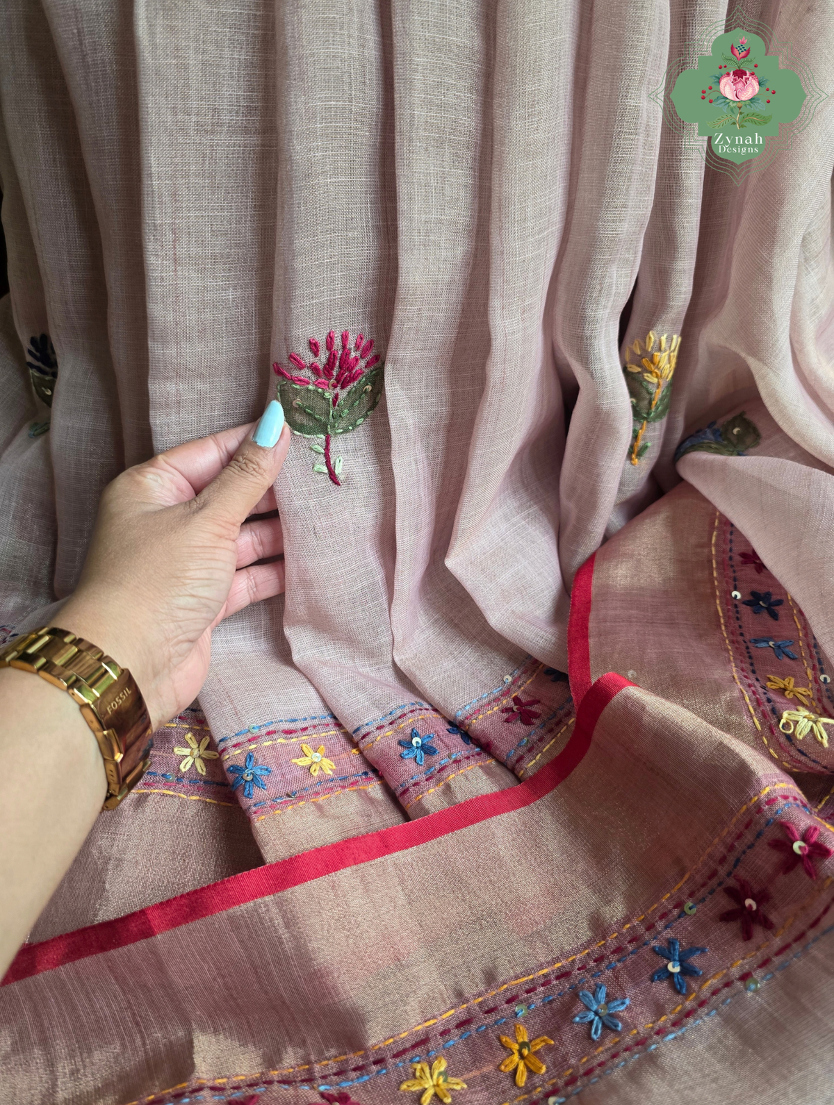 Maheer | Hand Painted Dusty Pink Linen Tissue Saree With Hand Embroidery
