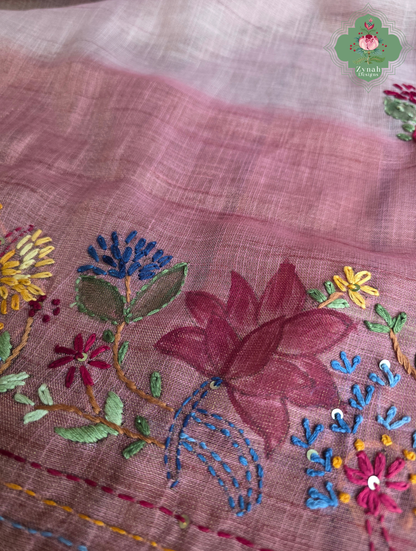 Maheer | Hand Painted Dusty Pink Linen Tissue Saree With Hand Embroidery