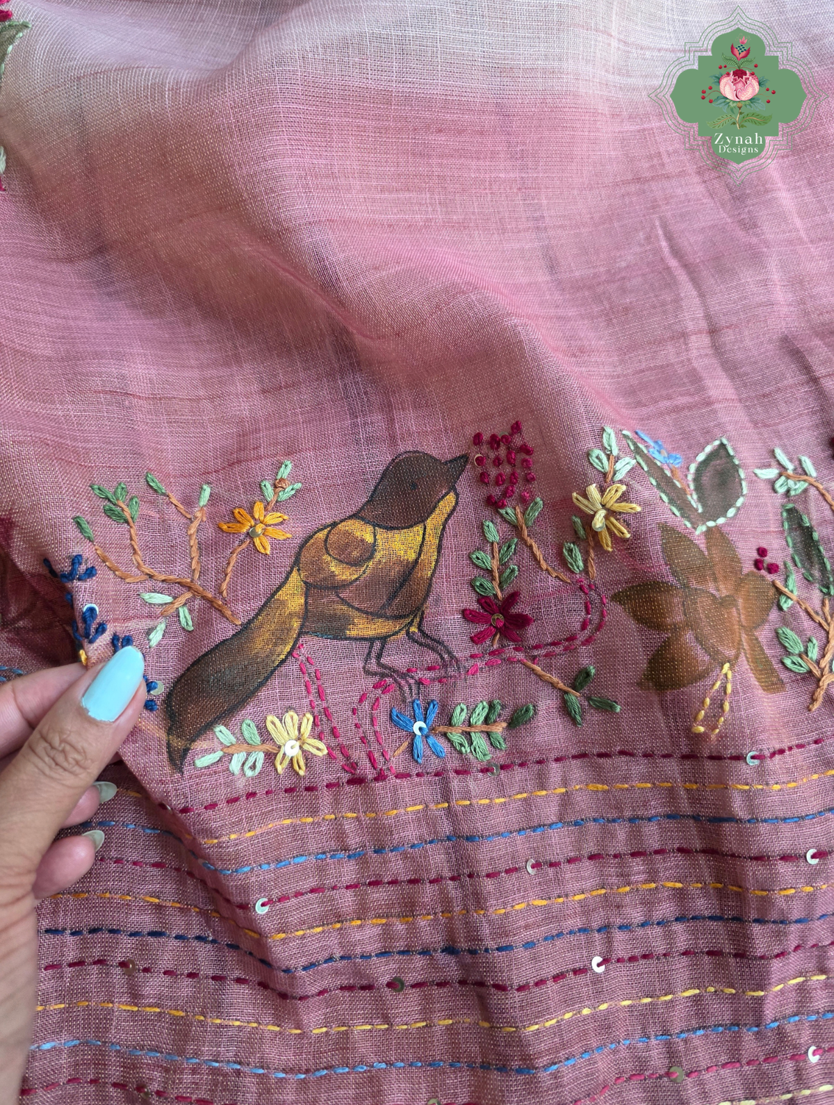 Maheer | Hand Painted Dusty Pink Linen Tissue Saree With Hand Embroidery
