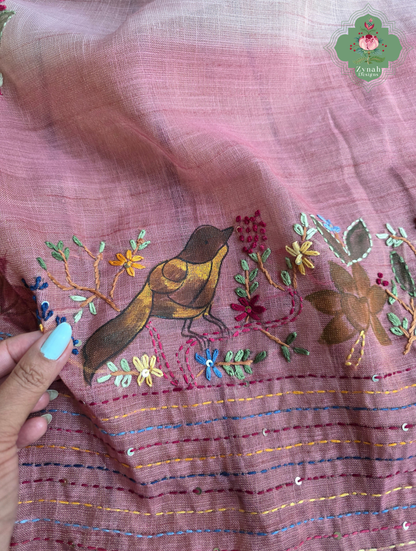 Maheer | Hand Painted Dusty Pink Linen Tissue Saree With Hand Embroidery