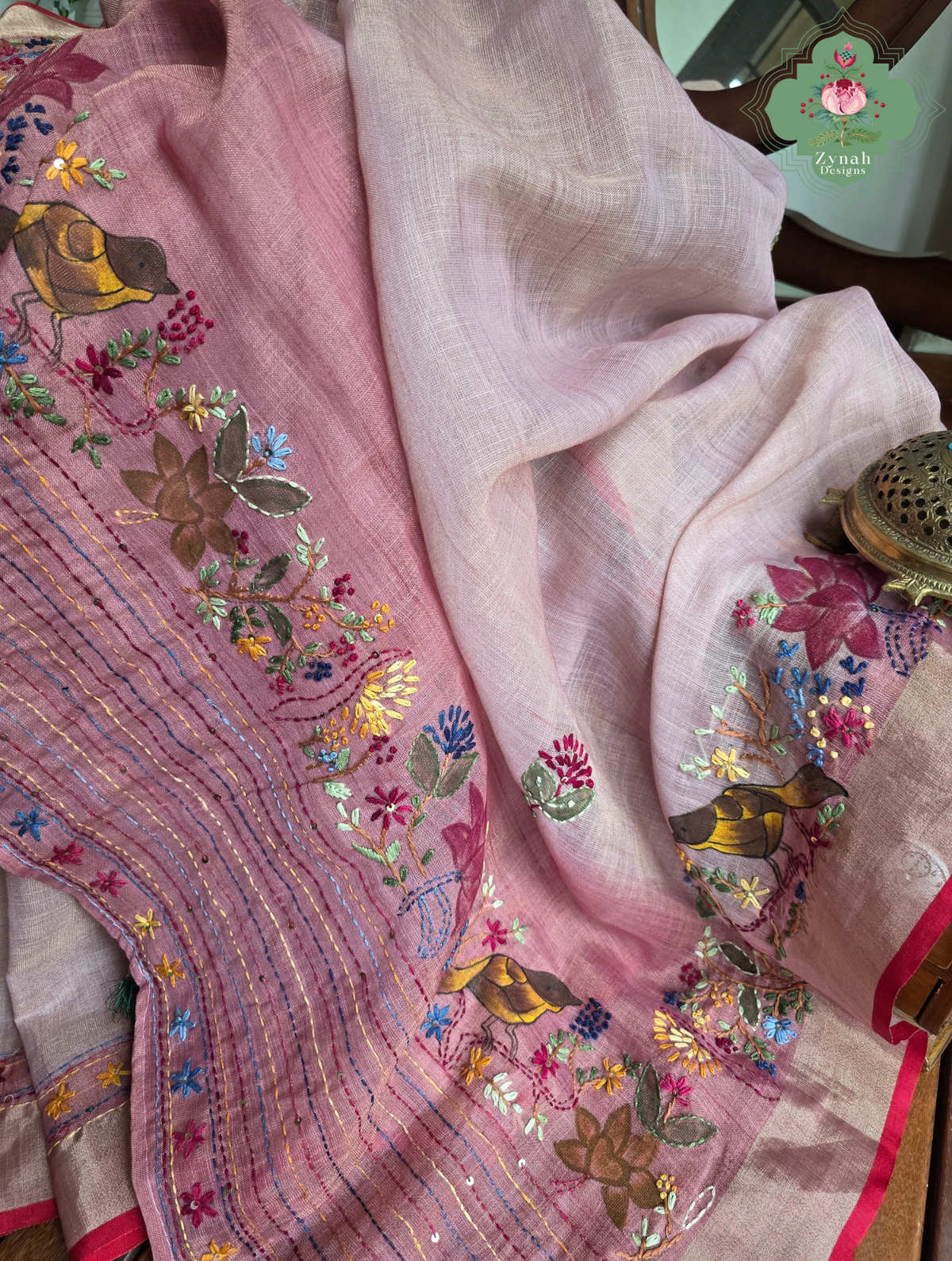 Maheer | Hand Painted Dusty Pink Linen Tissue Saree With Hand Embroidery