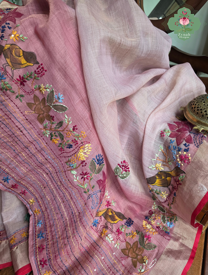 Maheer | Hand Painted Dusty Pink Linen Tissue Saree With Hand Embroidery