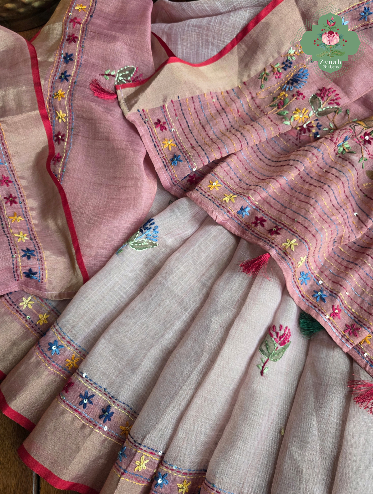 Maheer | Hand Painted Dusty Pink Linen Tissue Saree With Hand Embroidery
