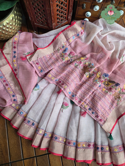 Maheer | Hand Painted Dusty Pink Linen Tissue Saree With Hand Embroidery