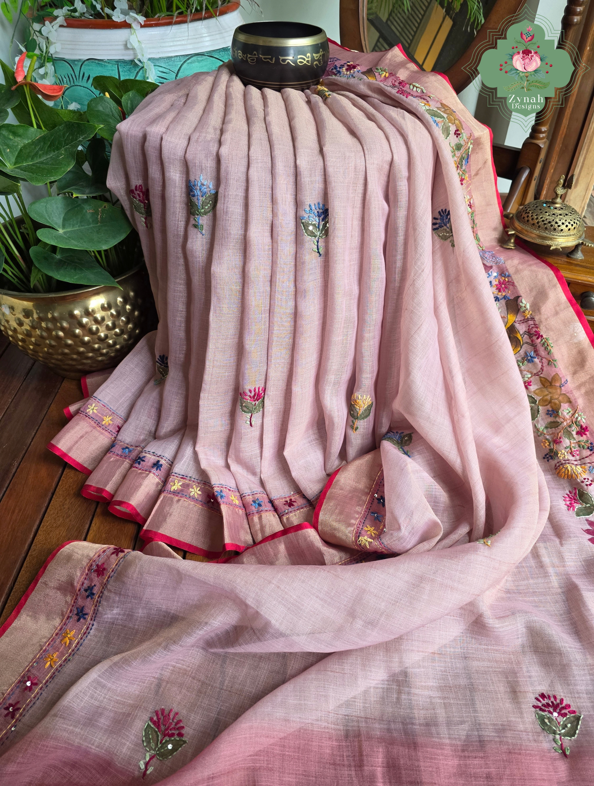 Maheer | Hand Painted Dusty Pink Linen Tissue Saree With Hand Embroidery