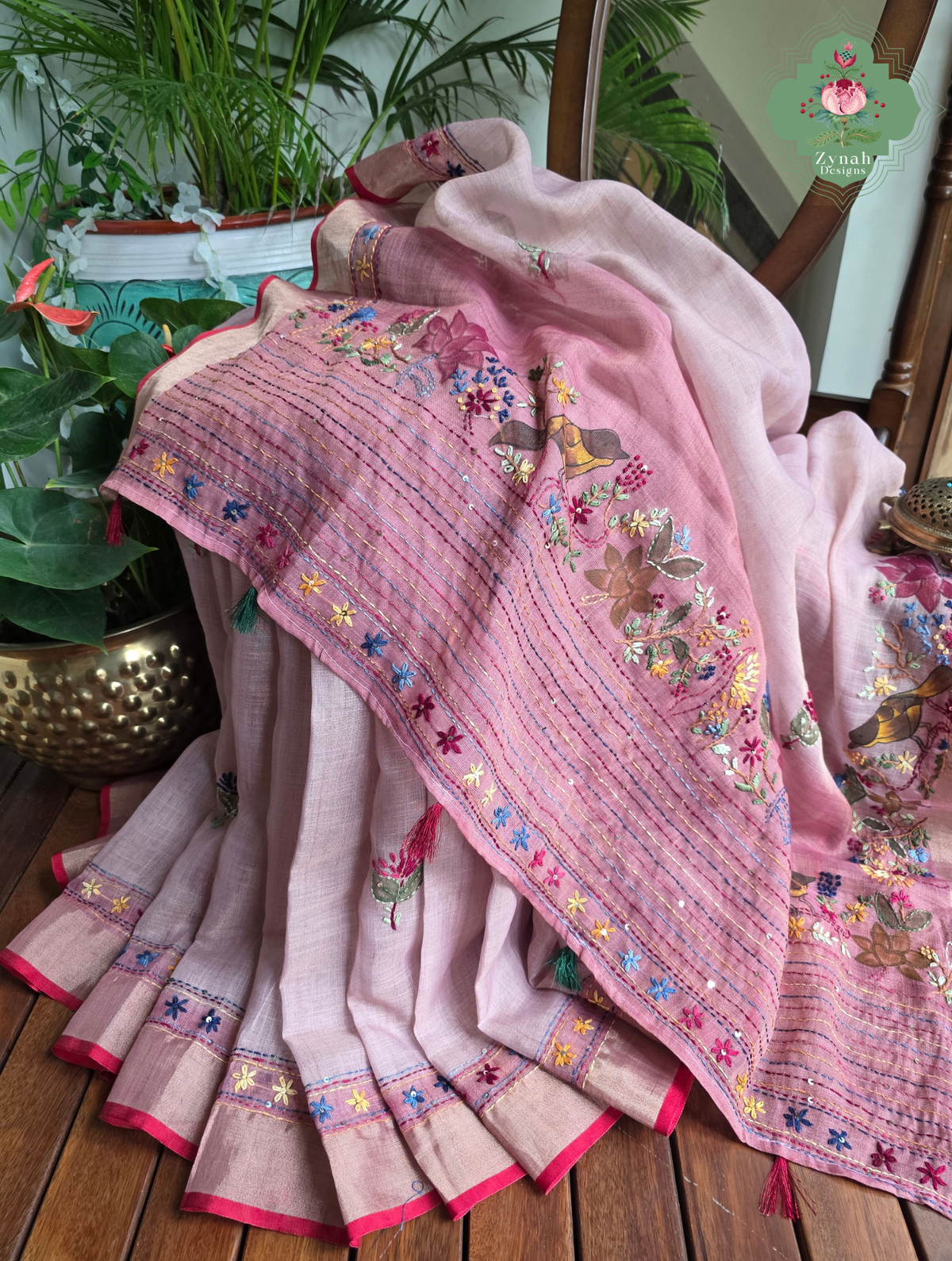Maheer | Hand Painted Dusty Pink Linen Tissue Saree With Hand Embroidery
