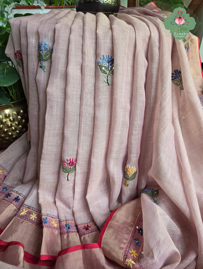 Maheer | Hand Painted Dusty Pink Linen Tissue Saree With Hand Embroidery