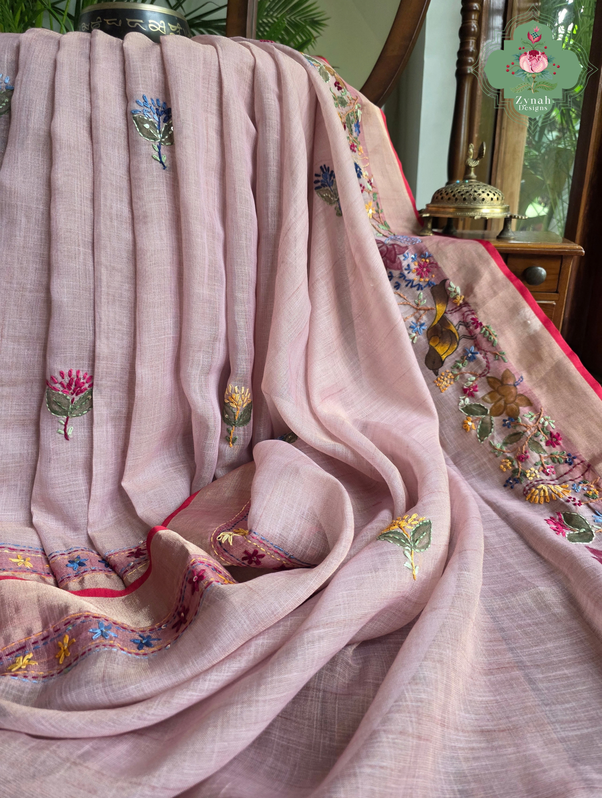 Maheer | Hand Painted Dusty Pink Linen Tissue Saree With Hand Embroidery